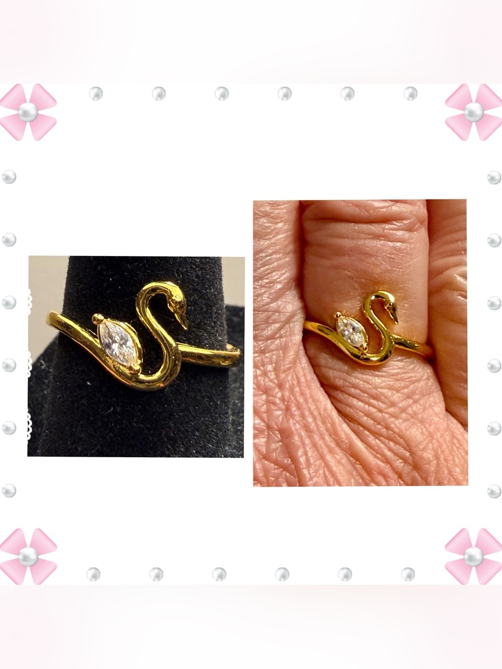 Ring - Swan and clear gemstone - gold tone stainless steel - new! Sz 6.75-7